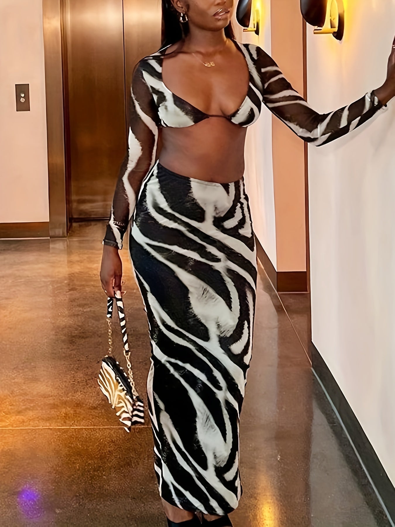 Color Block Sexy Spring Two-piece Skirt Set, Long Sleeve Crop Top & Bodycon Skirt Outfits, Women's Clothing